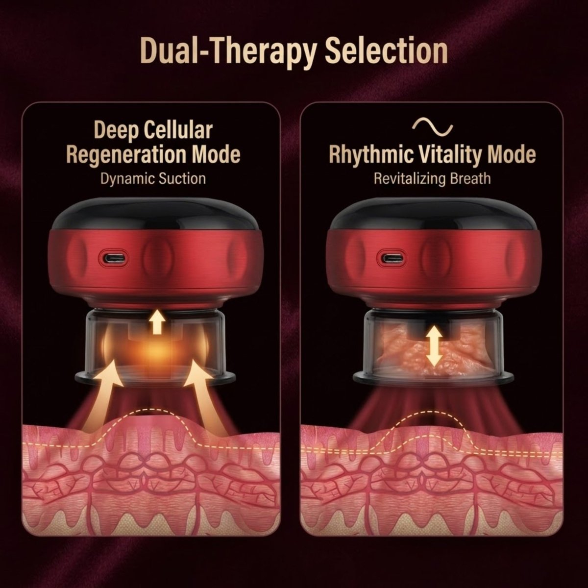 A overhead product view of an electric smart cupping massager console, diagramming the four independent buttons for temperature control, suction, power mode, and pressure relief with an interactive hand pointing to the LCD display screen.