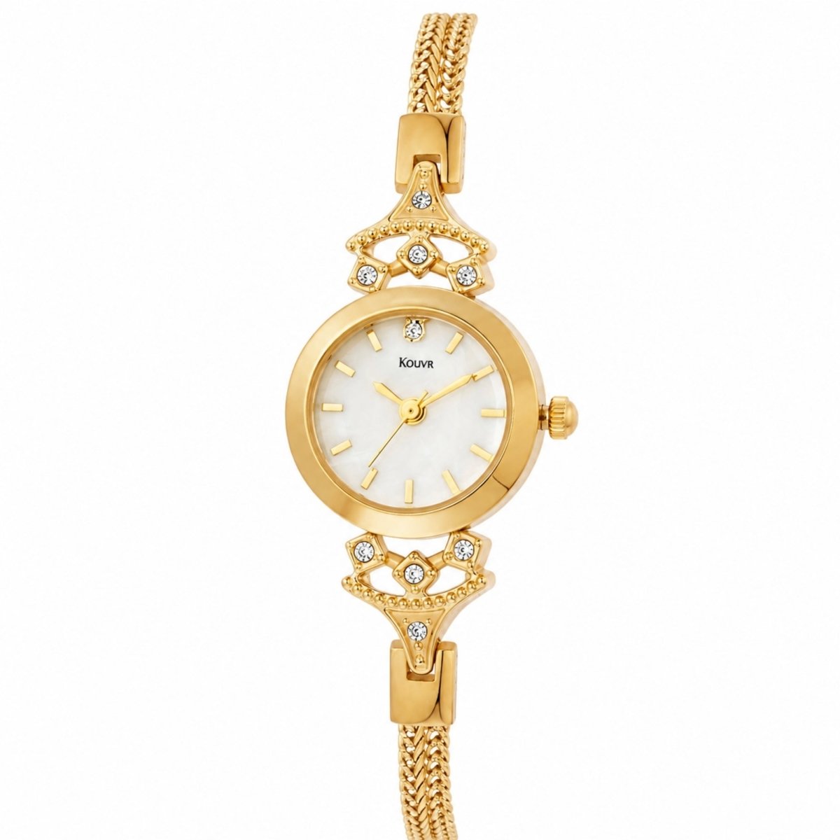 Angled profile of Kouvr women's gold timepiece highlighting the intricate braided strap and crystal-embellished watch case
