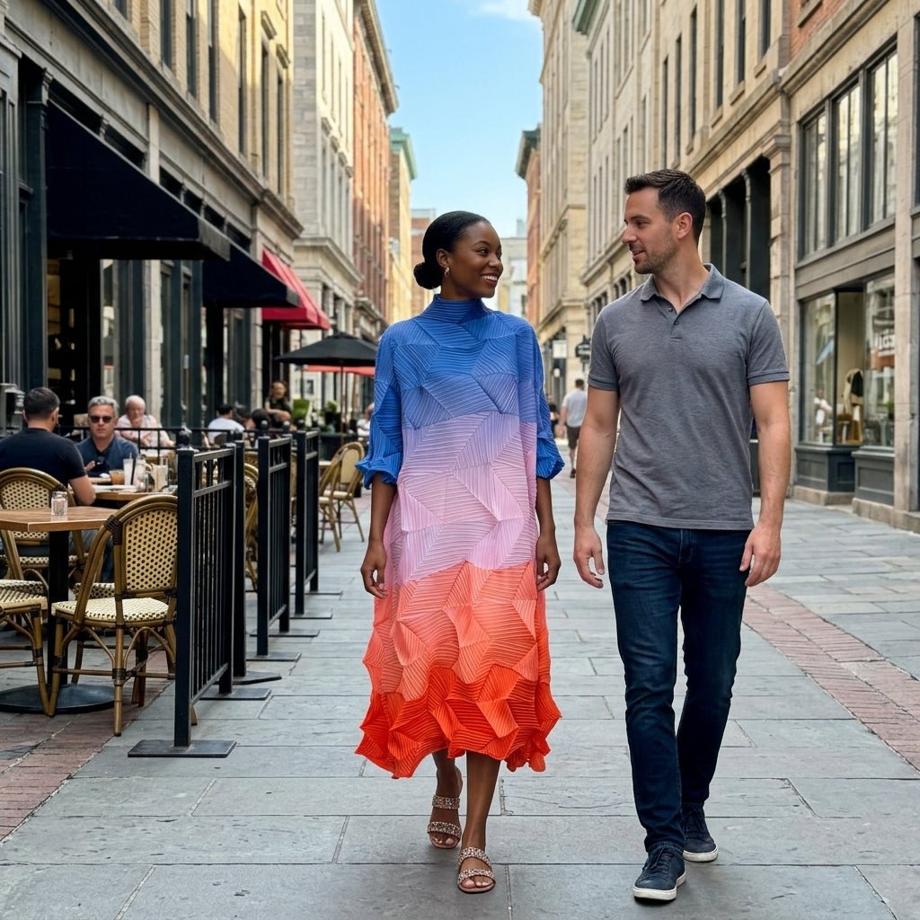 Sophisticated woman wearing the Kouvr elevated plisse ombre dress walking and smiling with a man on a cobblestone city street.