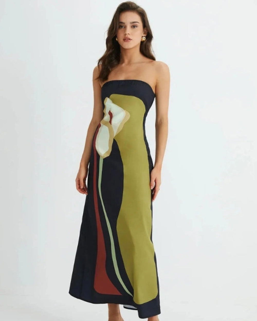 Model wearing the Elizabeth abstract floral strapless evening dress