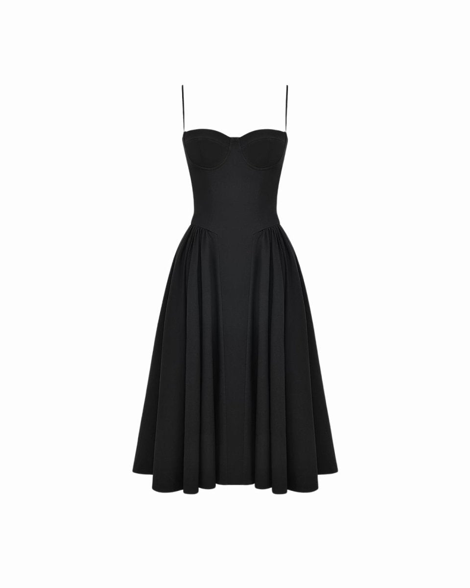 High-quality studio photo of the Evdokia black midi dress on a white background, front view.