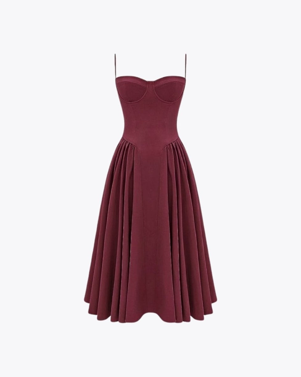 Product image of the Evdokia burgundy bustier cocktail dress with a structured bodice and A-line midi skirt.