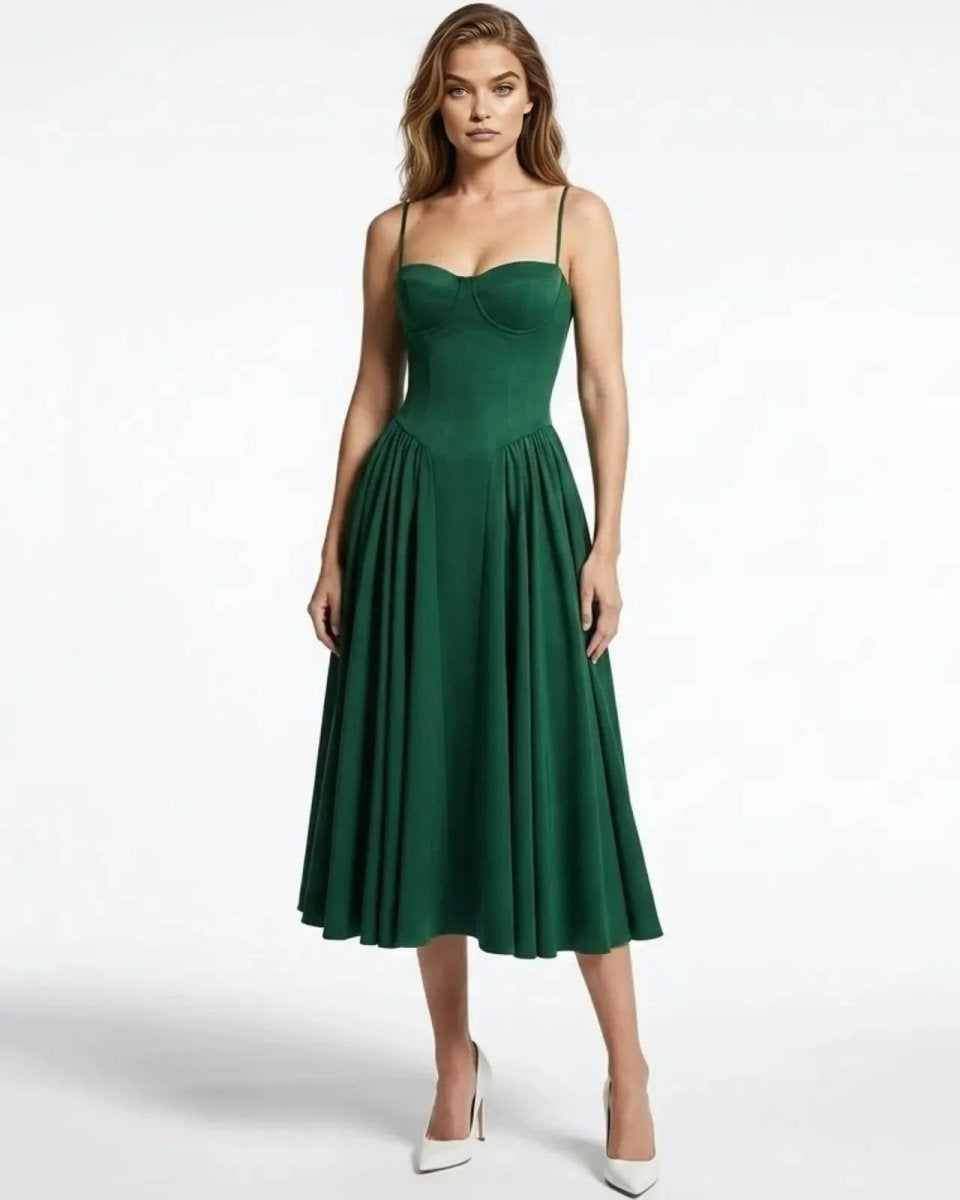 Model wearing the Evdokia emerald green corset midi dress with a sweetheart neckline and full A-line skirt, viewed from the front.