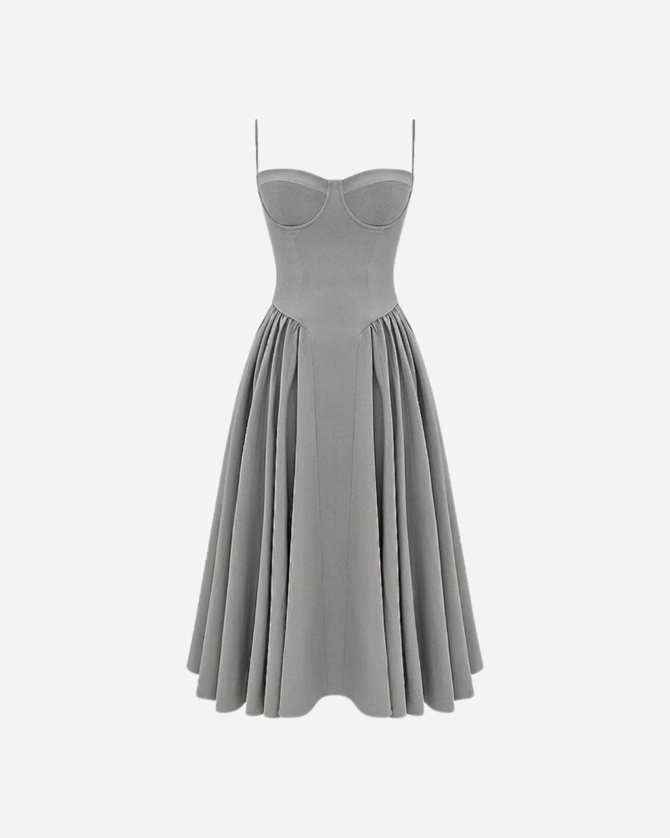 High-quality product image of the Evdokia grey corset midi dress against a white background.