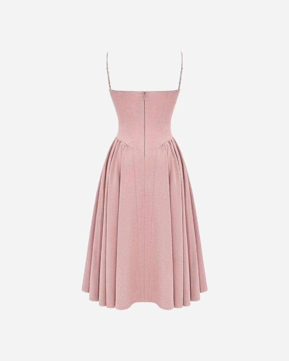 Product-only photo of the back of the Evdokia midi dress, showing the straight-back design, spaghetti straps, and zipper detail.