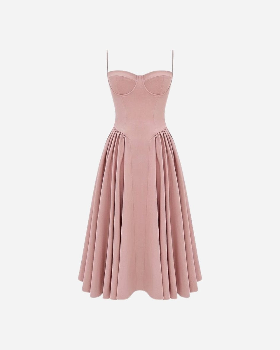 Product-only photo of the Evdokia bustier midi dress in pink on a light grey background, highlighting its A-line shape and corset top.