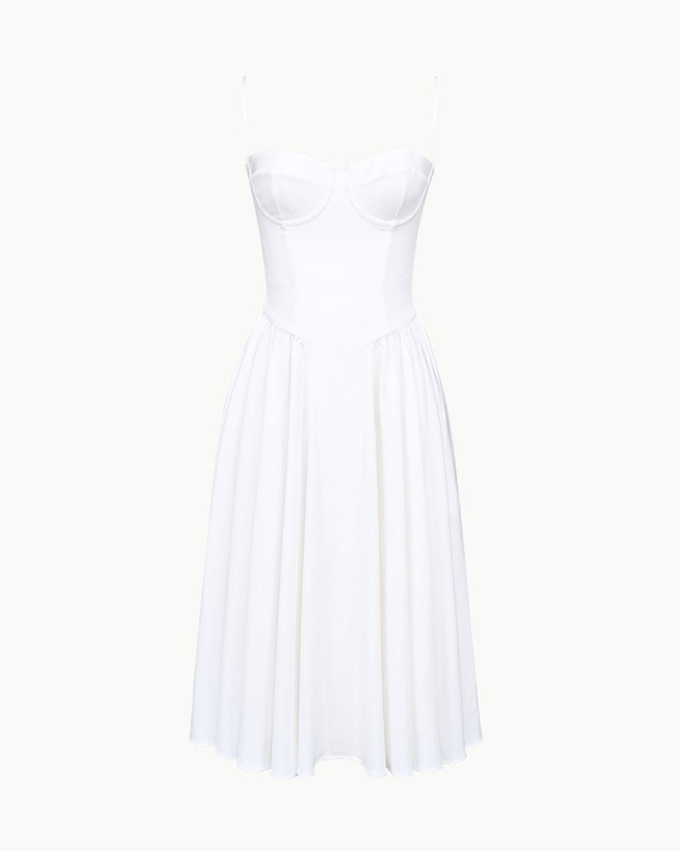 Product-only photo of the Evdokia white bustier midi dress on a white background, front view.