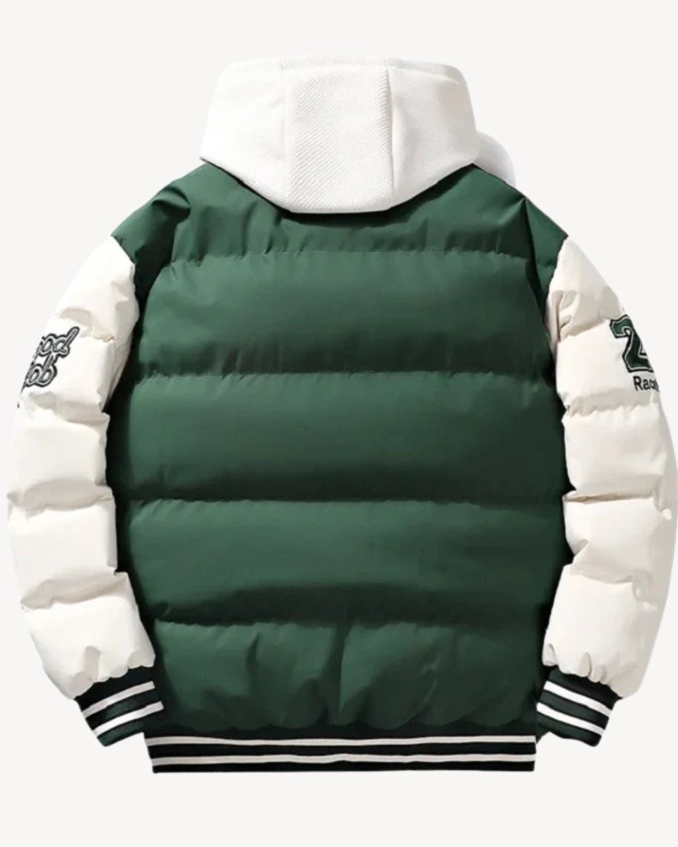 Flat lay back view of the Angelo collegiate jacket, detailing the quilted puffer design and athletic patches on the insulated sleeves.