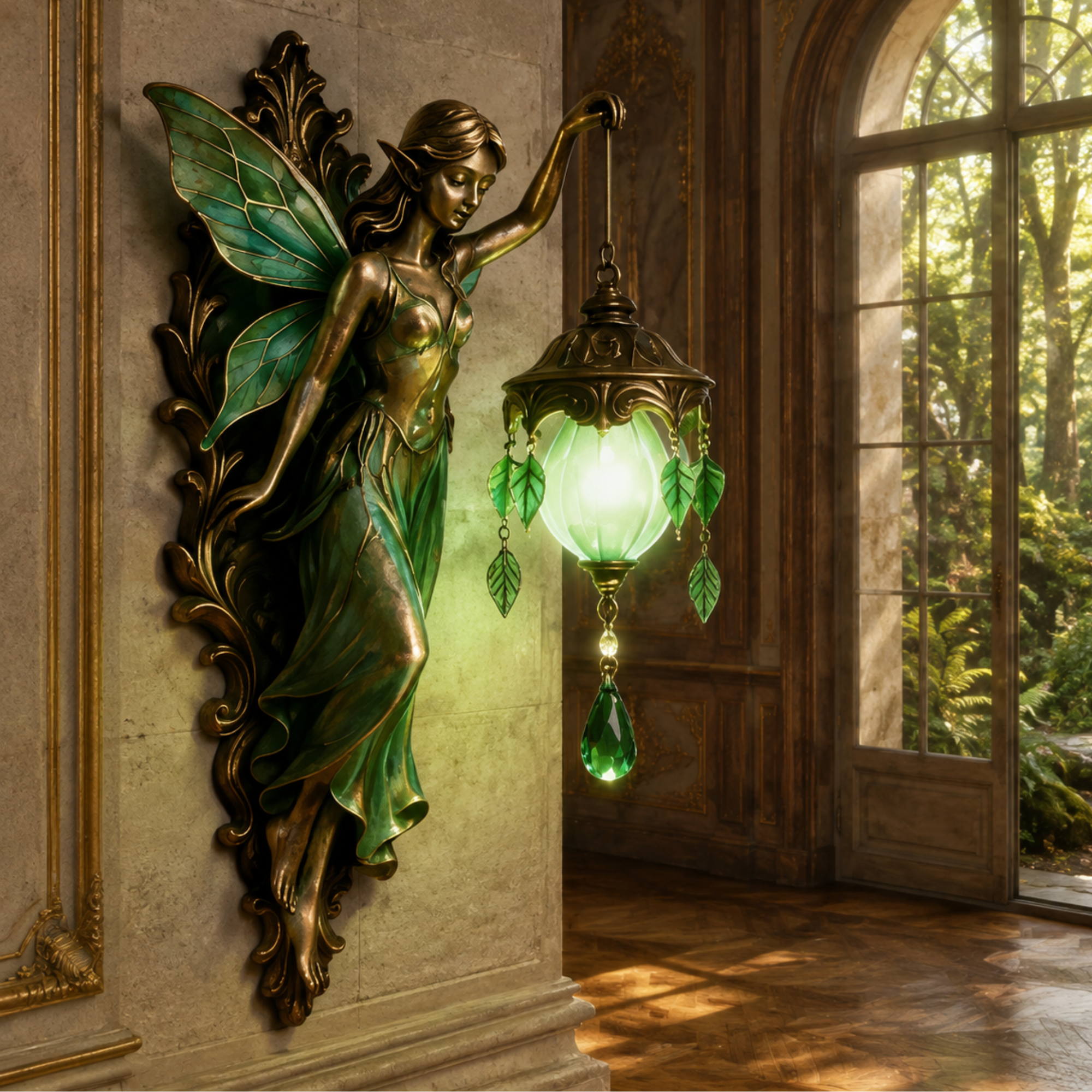 A decorative wall-mounted fairy lamp with an ornate bronze-finished fairy figure and green glass shades, shown hanging beside a large arched window in a sunlit interior.