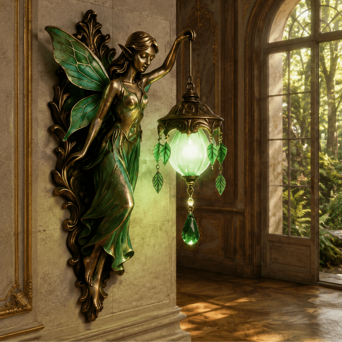 A decorative wall-mounted fairy lamp with an ornate bronze-finished fairy figure and green glass shades, shown hanging beside a large arched window in a sunlit interior.