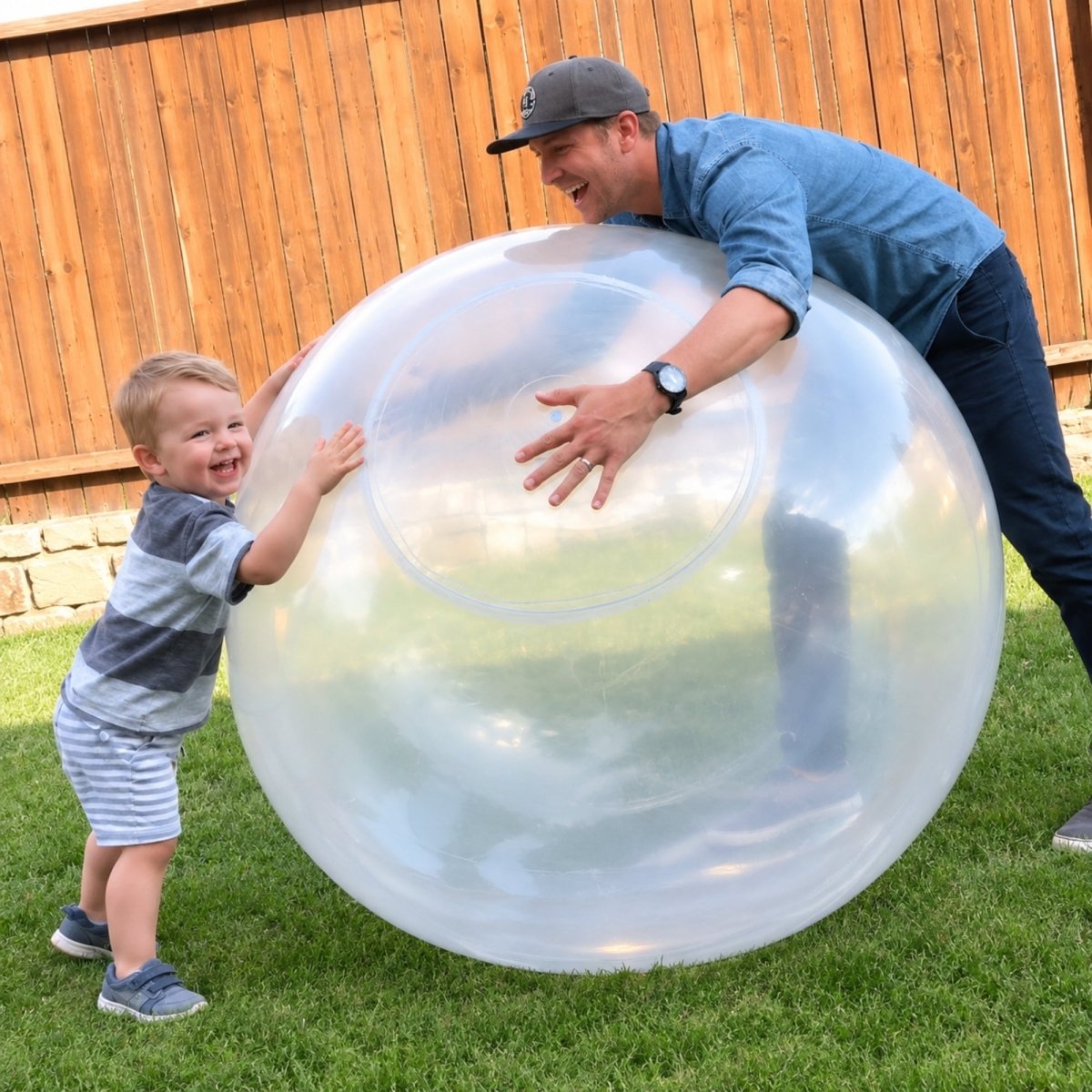 A father and his toddler son laughing while pushing a giant clear bubble ball together in the backyard.