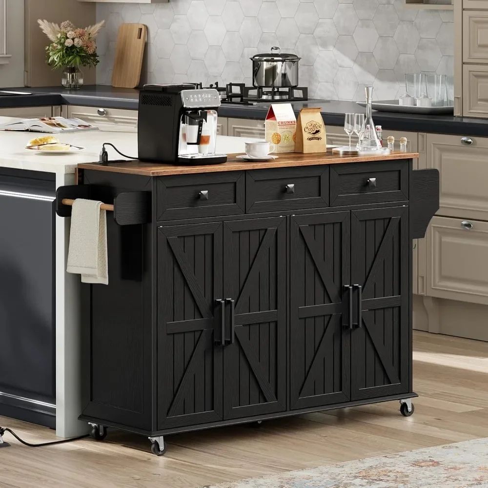 rolling kitchen cart with storage drawers and cabinets used as a coffee bar
