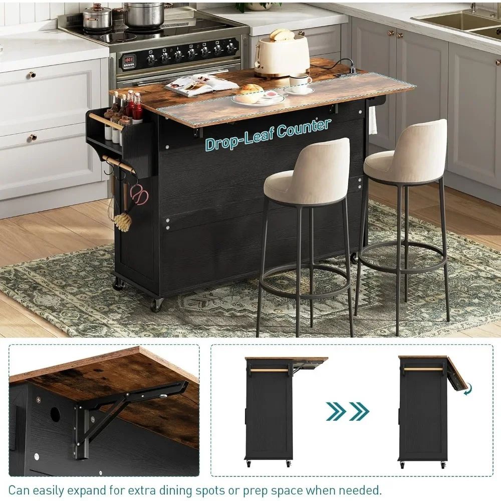 rolling kitchen cart with storage drawers and cabinets used as a coffee bar