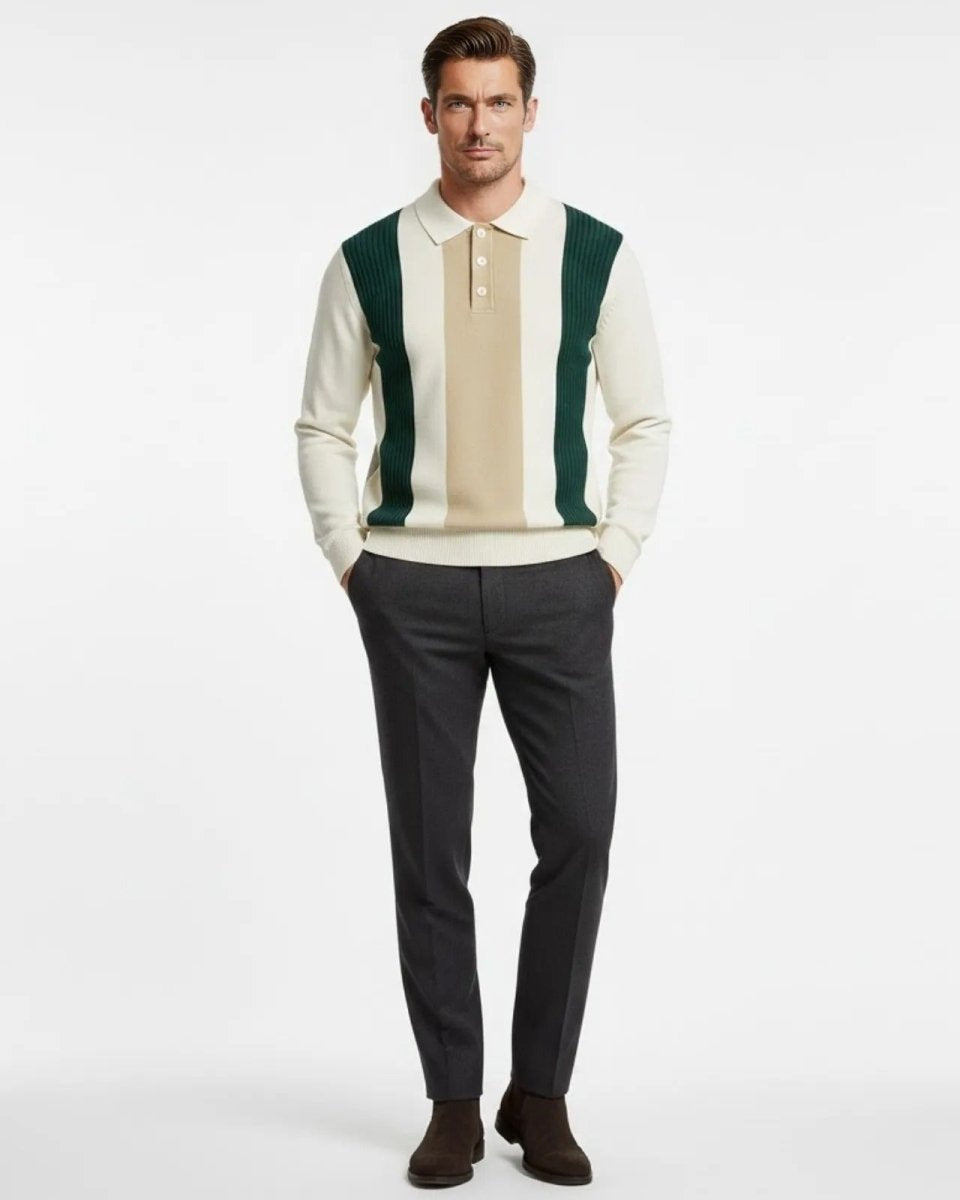 Man wearing the Fashion Leandro white, green, and beige vertical striped long sleeve knit polo sweater with dark grey trousers.