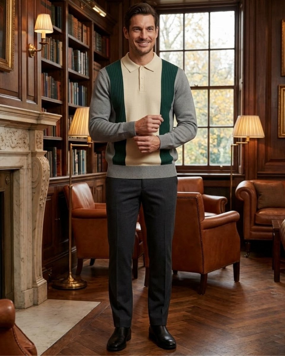 A man wearing a grey and green knit polo cardigan over a cream polo shirt, paired with dark trousers and black shoes, standing in a classic wood-paneled library room.