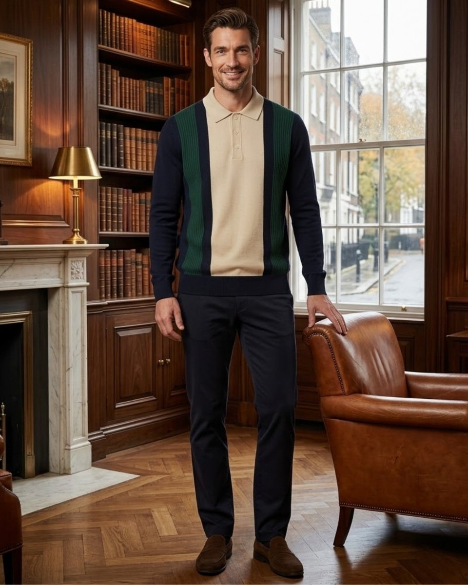 A man stands in a classic library wearing a navy blue knit cardigan with green and beige color-blocked stripes over a cream polo shirt, paired with navy trousers and brown suede shoes.