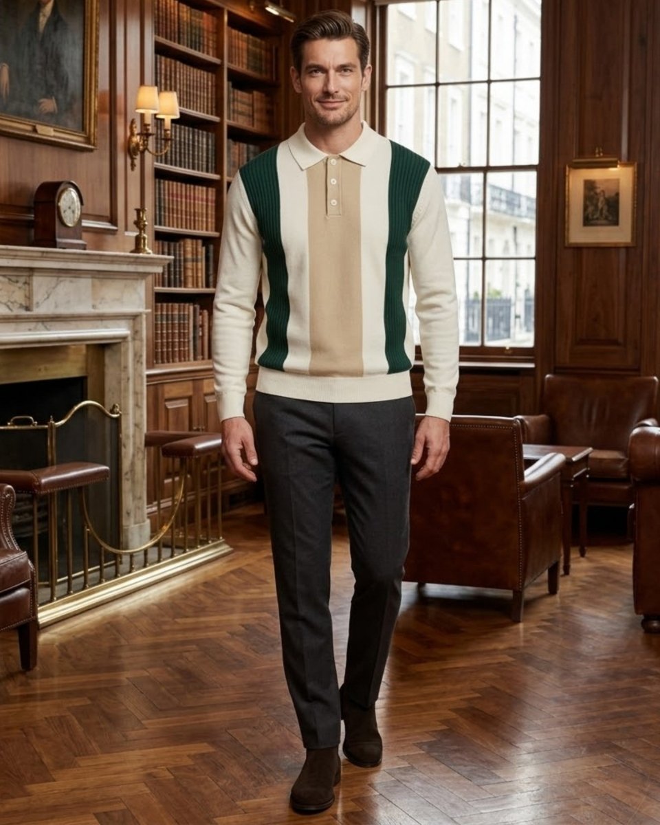 A man wearing a cream and dark green striped knit polo sweater vest, dark trousers, and brown boots, standing in a classic wood-paneled study with bookshelves and a fireplace.