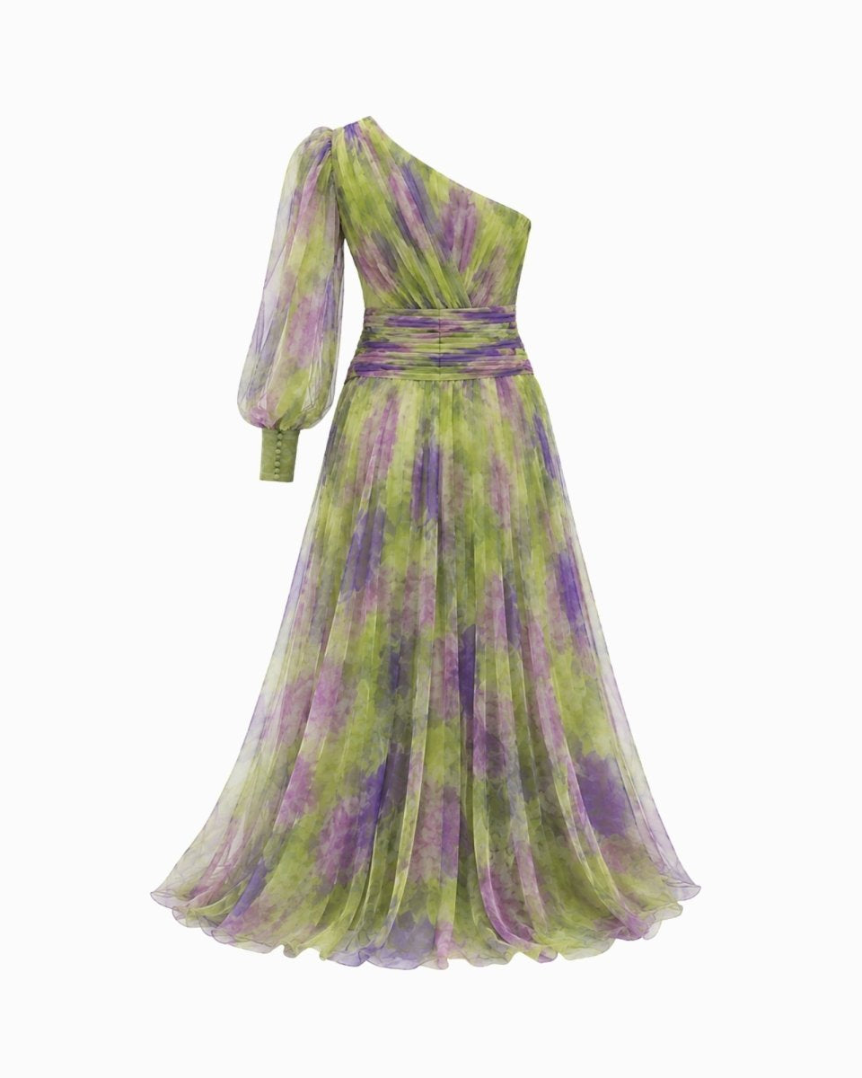 Green and purple one-shoulder dress on a white background