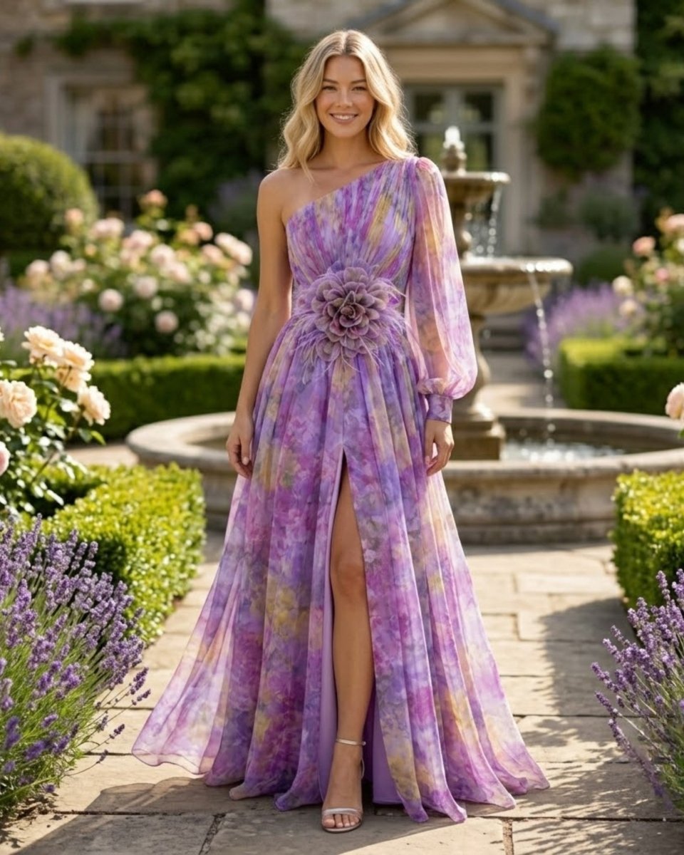 A woman stands in a garden courtyard wearing a flowing one-shoulder maxi dress with a purple, lavender, and pale yellow tie-dye pattern. The dress features a large floral applique at the waist, sheer long sleeves, and a high front slit.