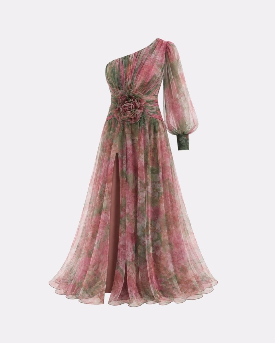Pink floral one-shoulder dress on a white background