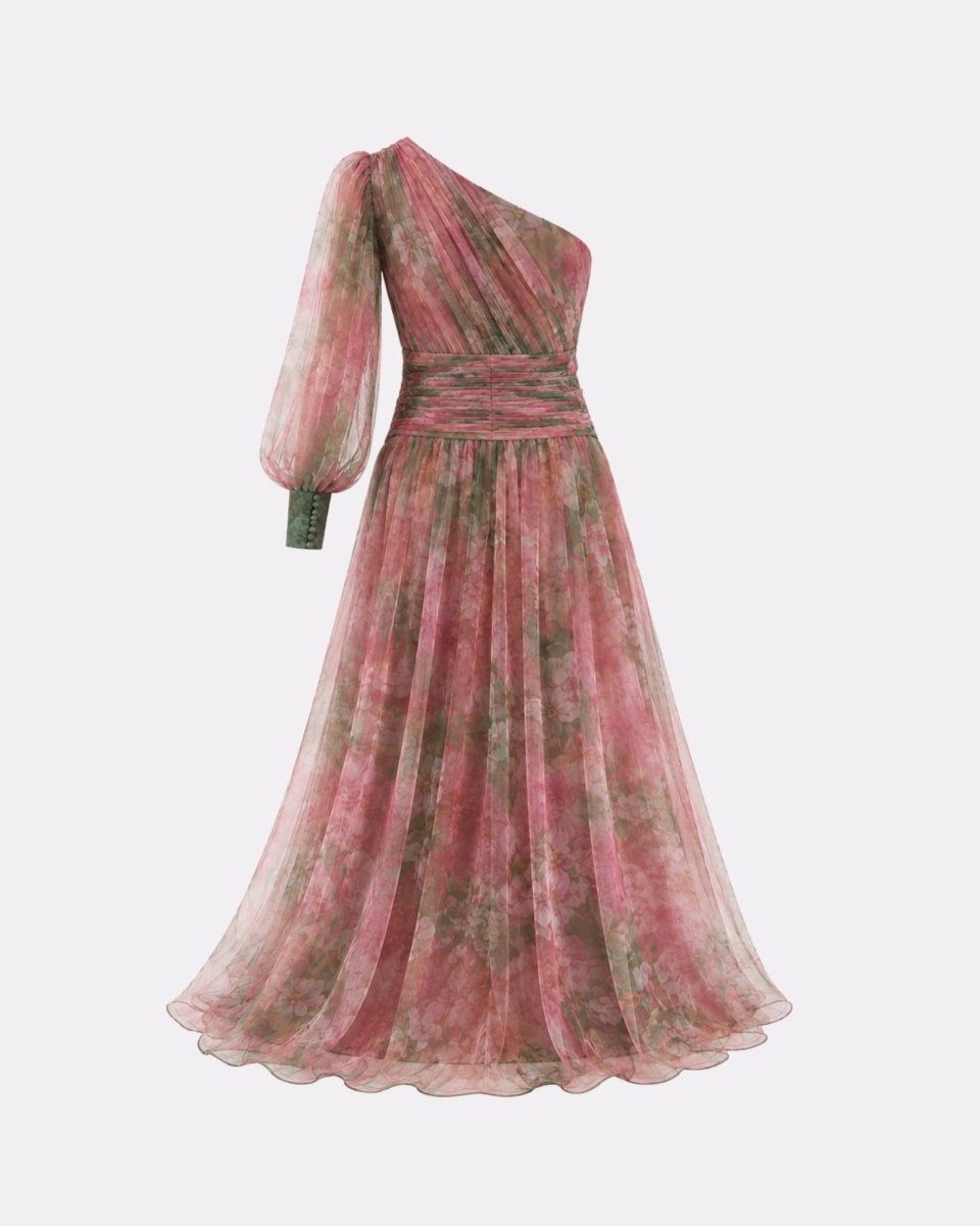 Pink and green patterned dress on a white background
