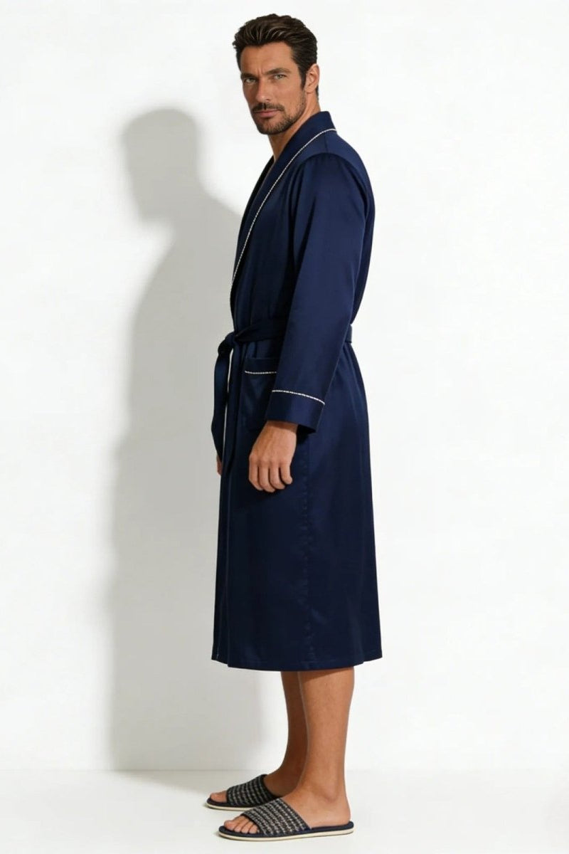 Side profile of a man in a long sleeve navy silk dressing gown, highlighting the fit and length. Made by Fenlo Form