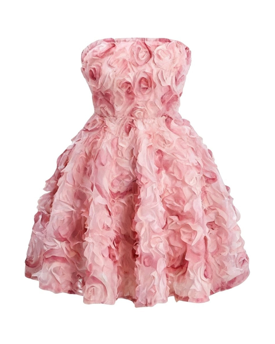 Front product shot of the Fenlo Form strapless A-line mini dress with pink 3D organza roses.