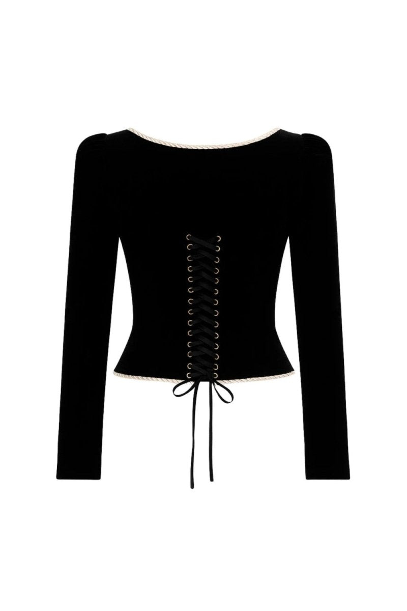A black long-sleeve knit top with a boat neckline, structured shoulders, and a front lace-up corset detail with a drawstring tie, shown against a plain white background.
