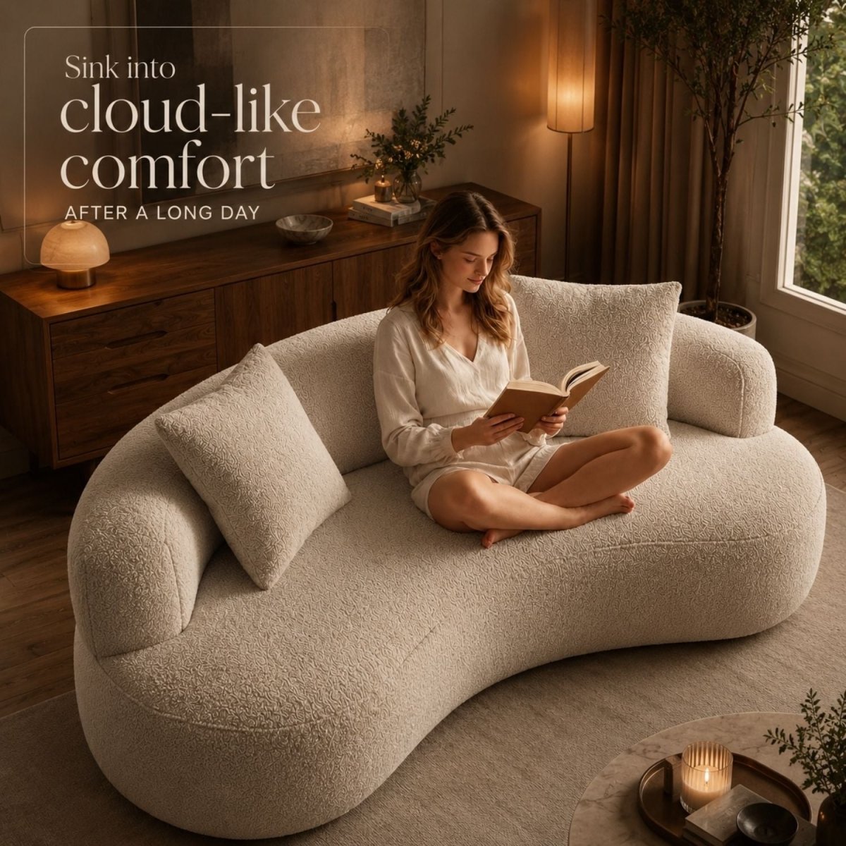 A woman sits cross-legged on a curved, plush cream bouclé sofa in a warmly lit living room, reading a book. The sofa is the main product, shown in a styled home interior with wooden furniture, lamps, and a window.