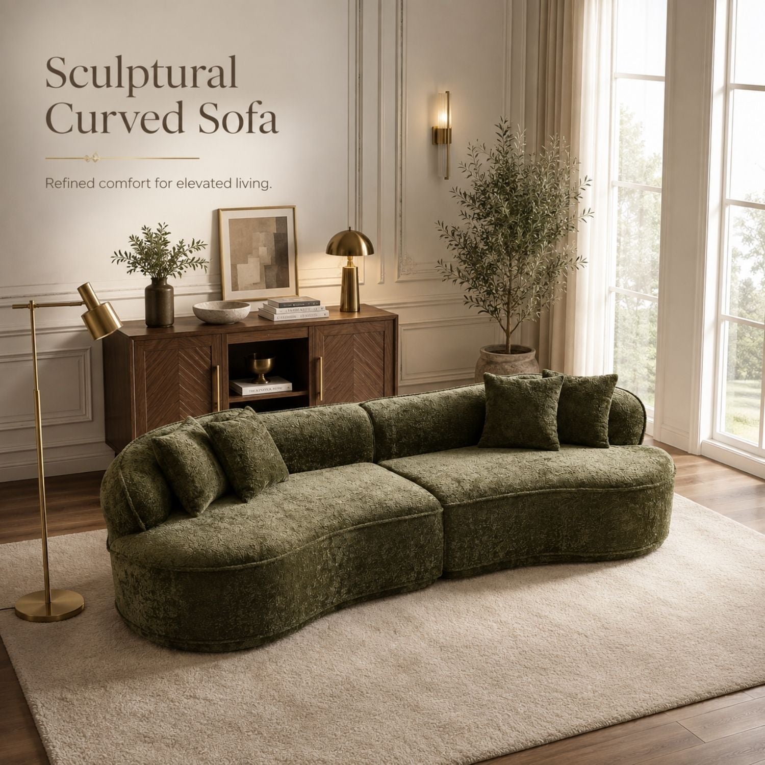 A sculptural curved sofa upholstered in textured olive green fabric, styled in a bright, elegant living room with a beige rug, wooden sideboard, and gold lamps.