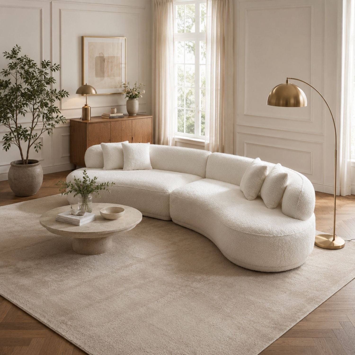 A curved, plush white sectional sofa in a bright, modern living room with beige walls, a matching rug, and a round coffee table.