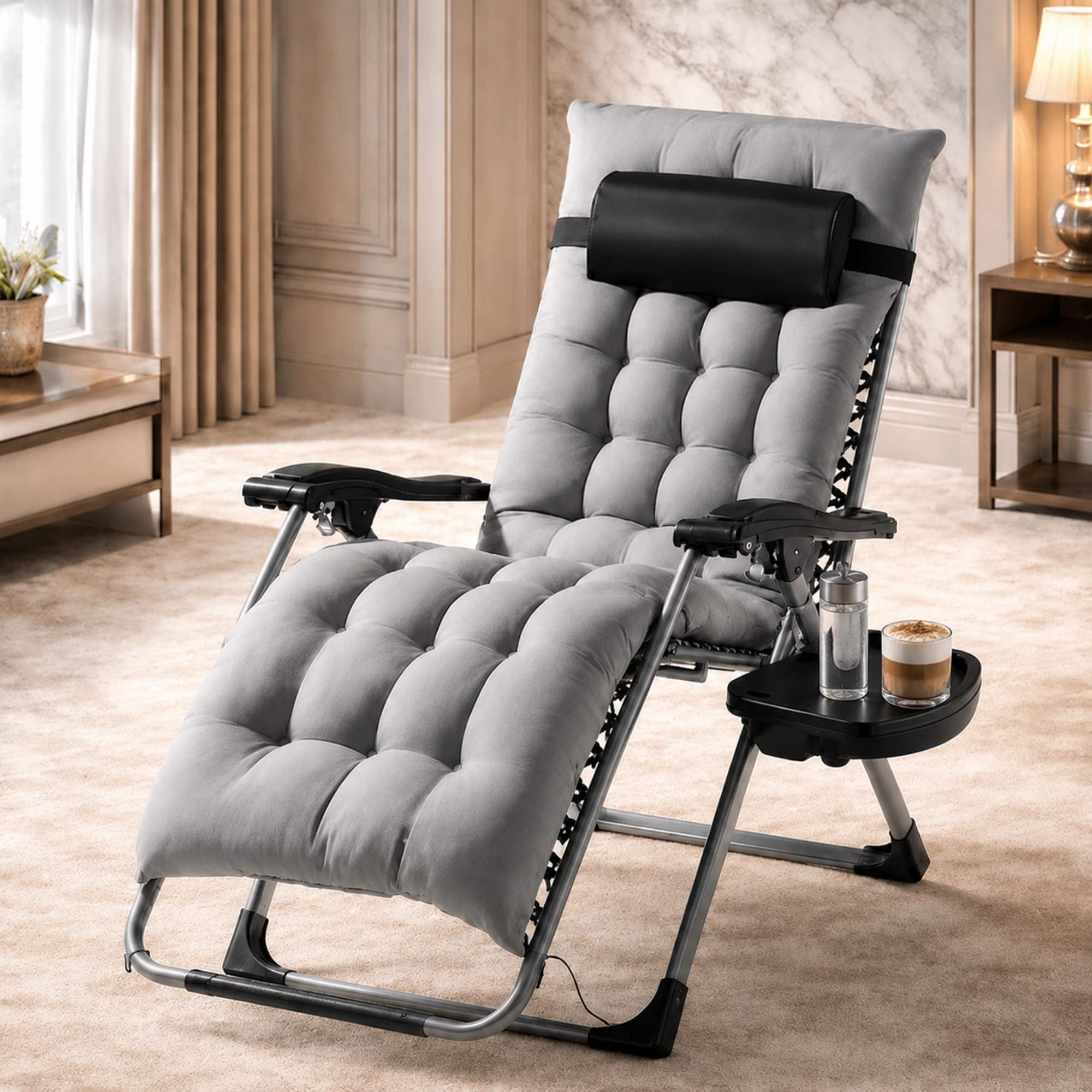 A modern gray tufted recliner chair with a black headrest and side tray table, shown in a furnished living room setting.