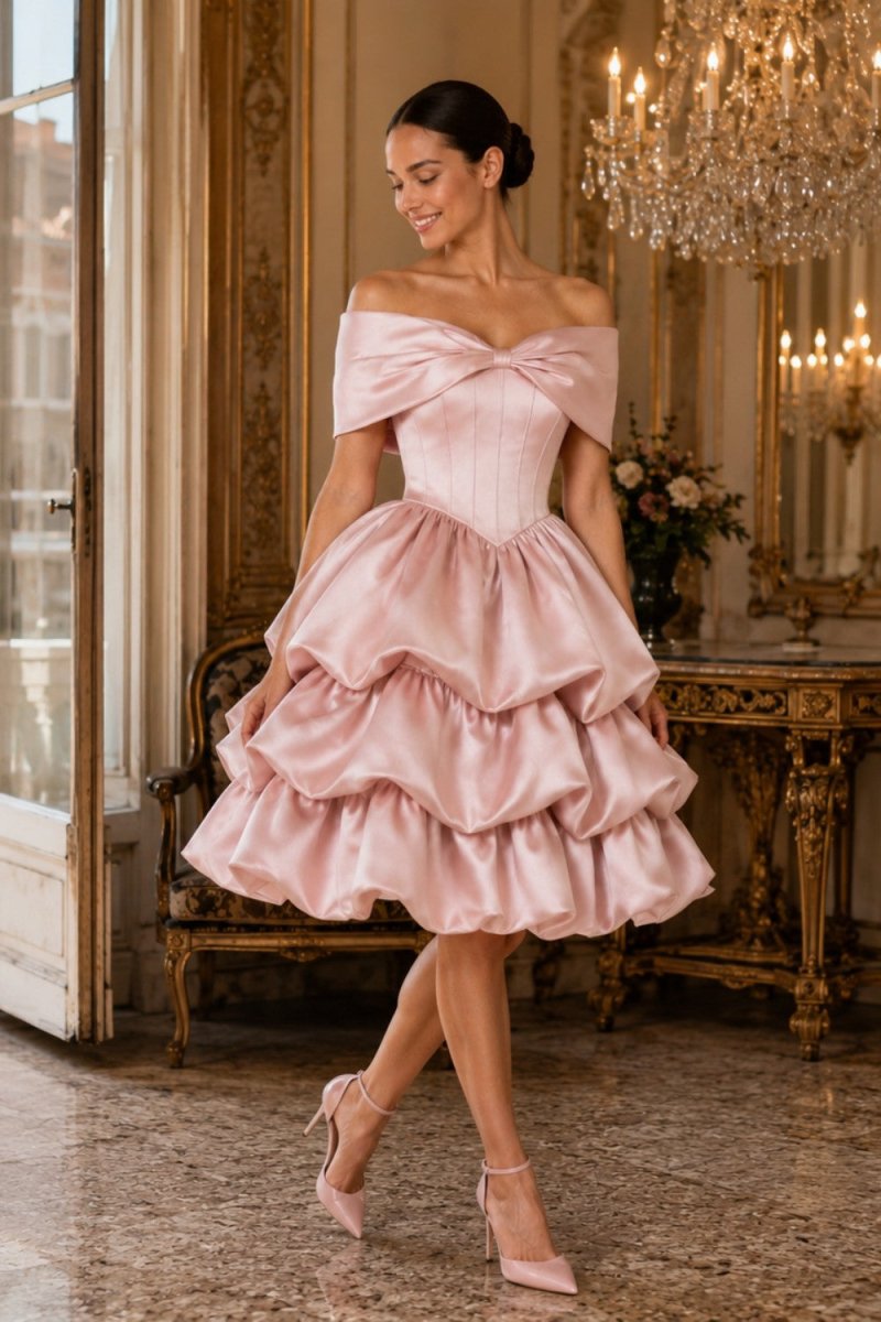 A woman models an off-the-shoulder light pink satin dress with a structured corset bodice and a tiered ruffled skirt, set in an elegant, ornate room with gold furniture and a crystal chandelier.