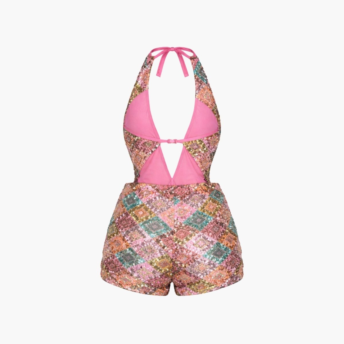 Back view ghost mannequin of yellow showing pink lining.