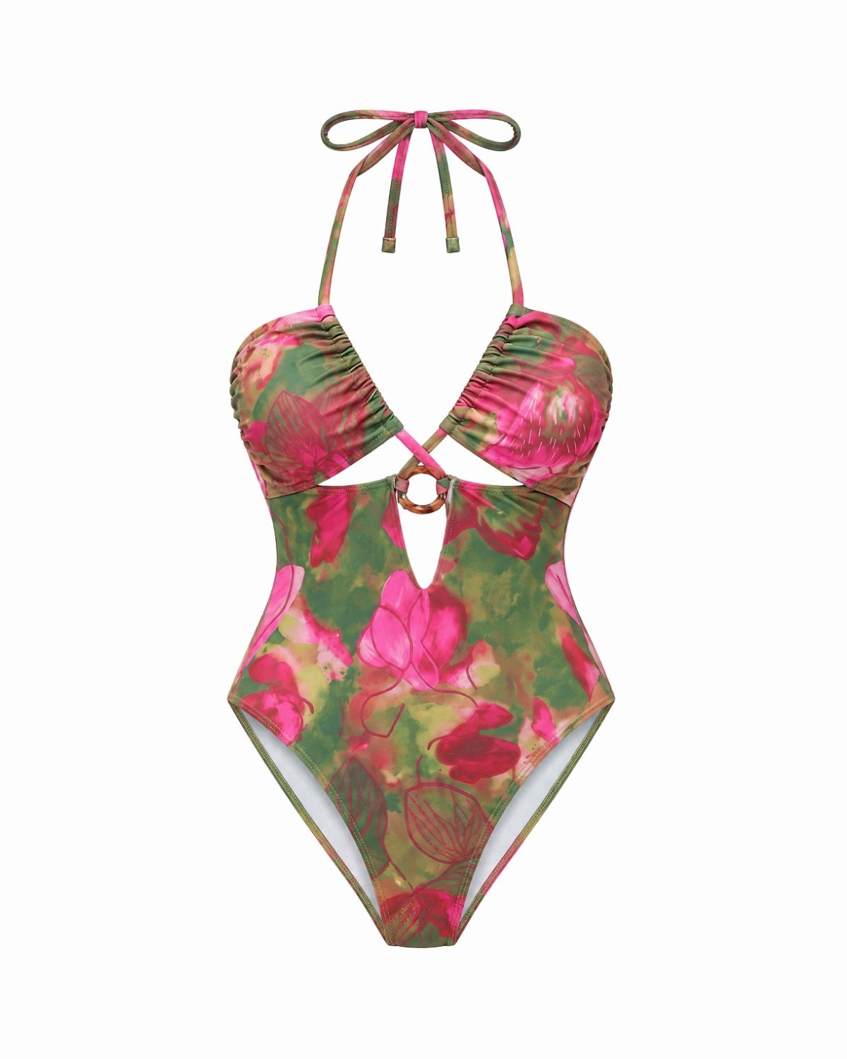 Detailed view showing the double lining and back clasp of the luxury floral one-piece swimwear