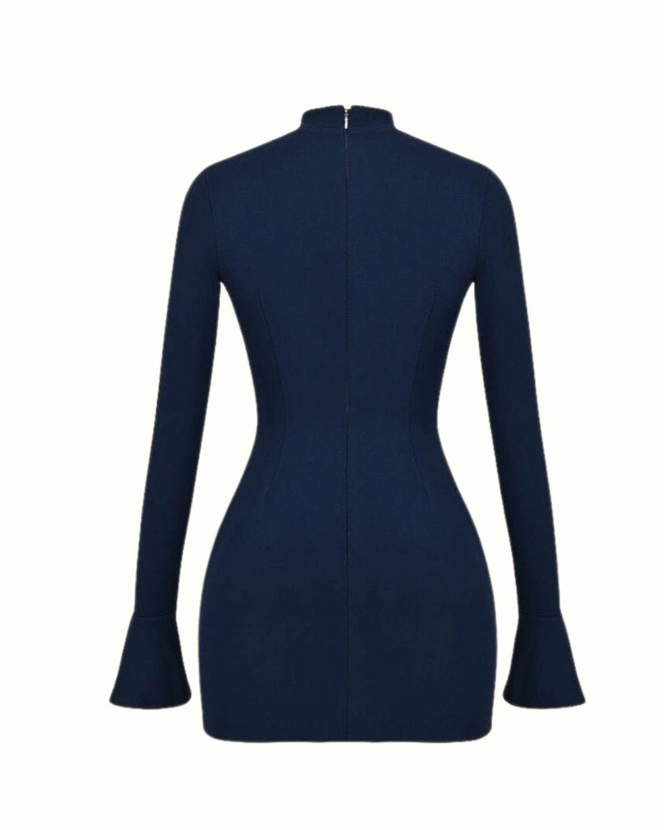 Navy dress with long sleeves on a white background