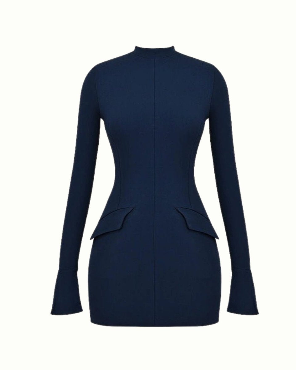 Navy dress with long sleeves on a white background