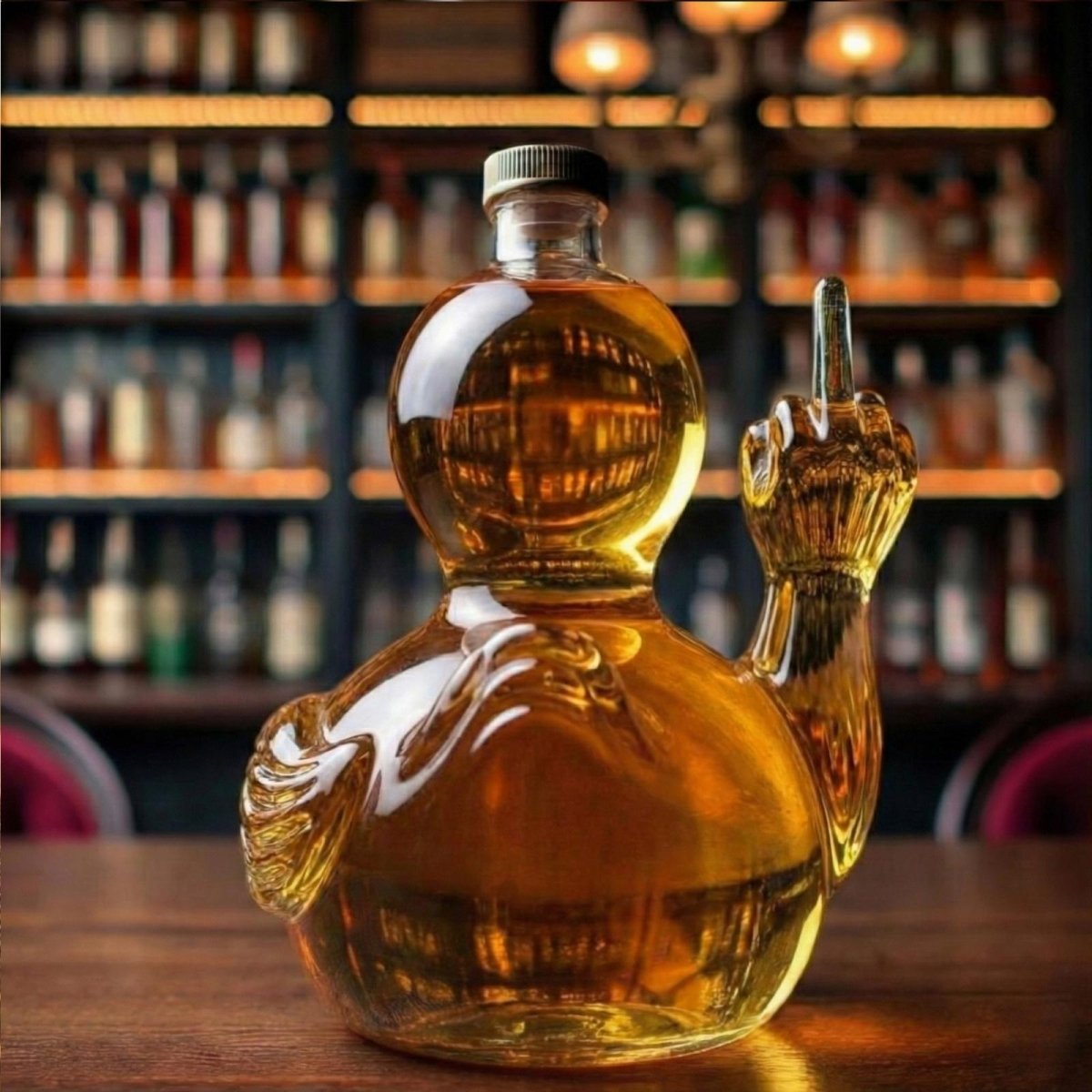 A straight-on back view of a funny whiskey decanter shaped like a duck with blue eyes and an audacious gesture, filled with amber liquid.