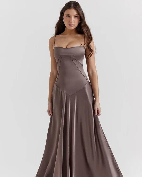 Gabriella Gown in Mocha: a brown satin corset maxi dress with a lace-up back, worn by a model.