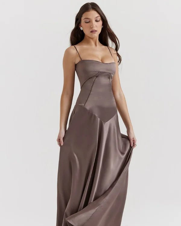 Gabriella Gown in Mocha: a brown satin corset maxi dress with a lace-up back, worn by a model.