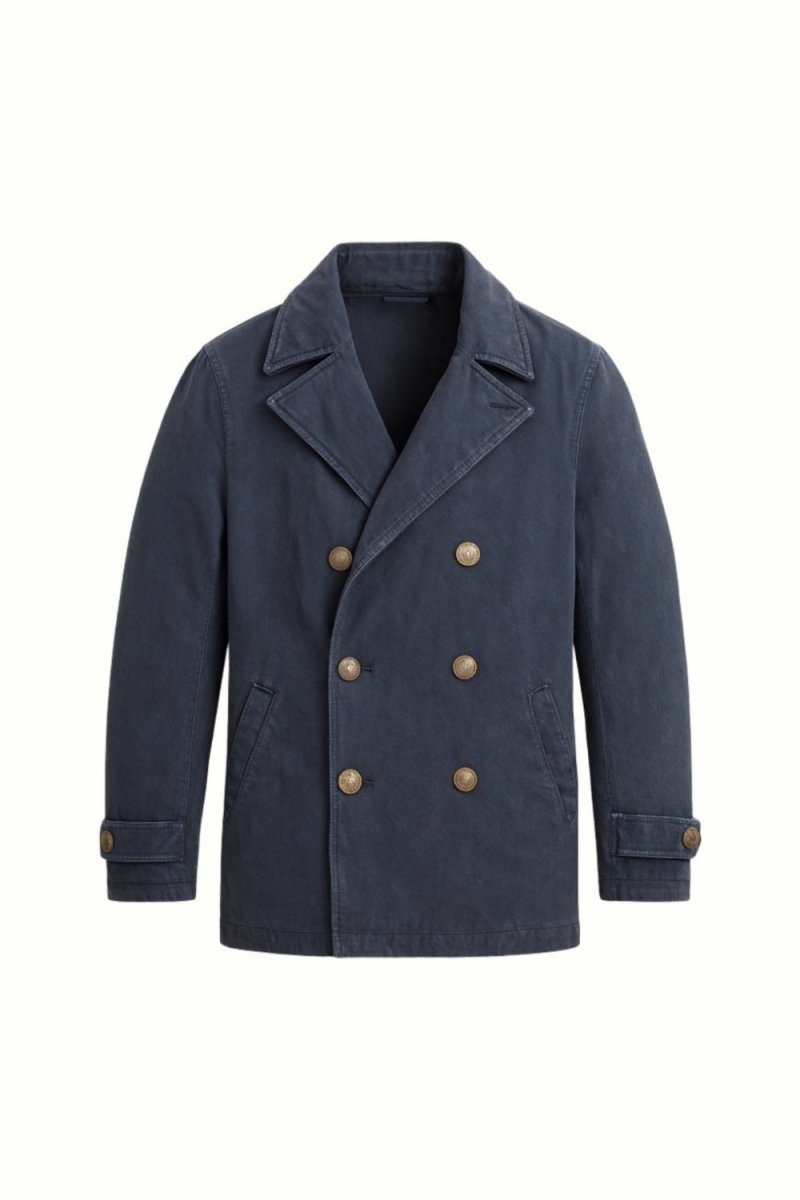 A navy blue double-breasted jacket with brown buttons, displayed on a clean white background.