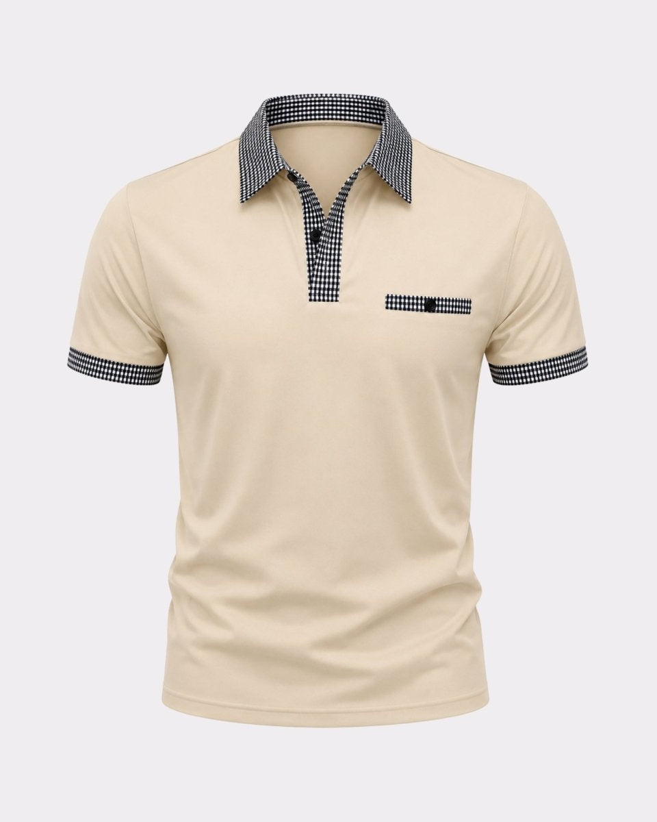 Beige polo shirt with checkered collar and sleeve ends on a white background