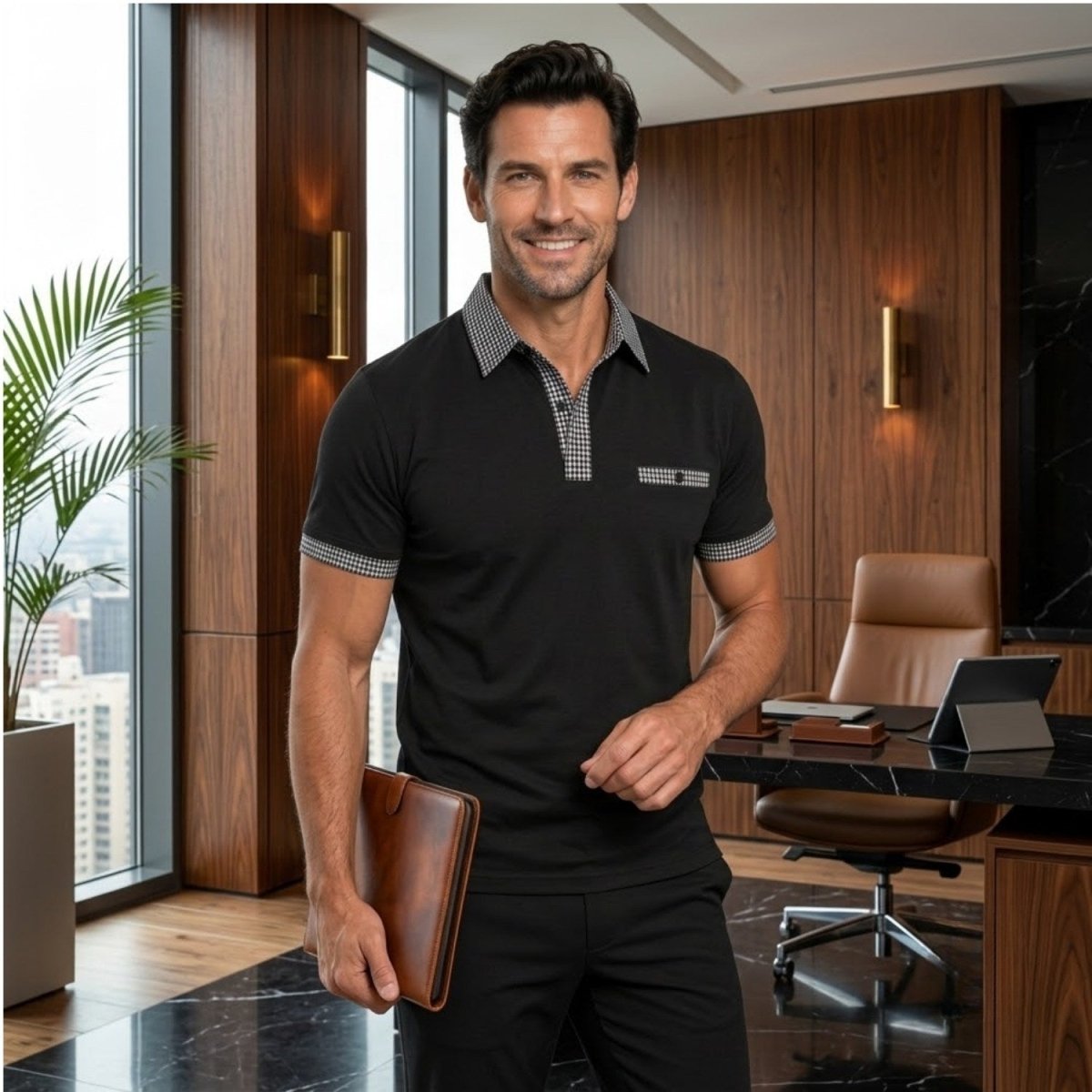 A man stands in a modern office wearing a black short-sleeve polo shirt with a gray and white checkered collar and sleeve cuffs, holding a brown leather folder.