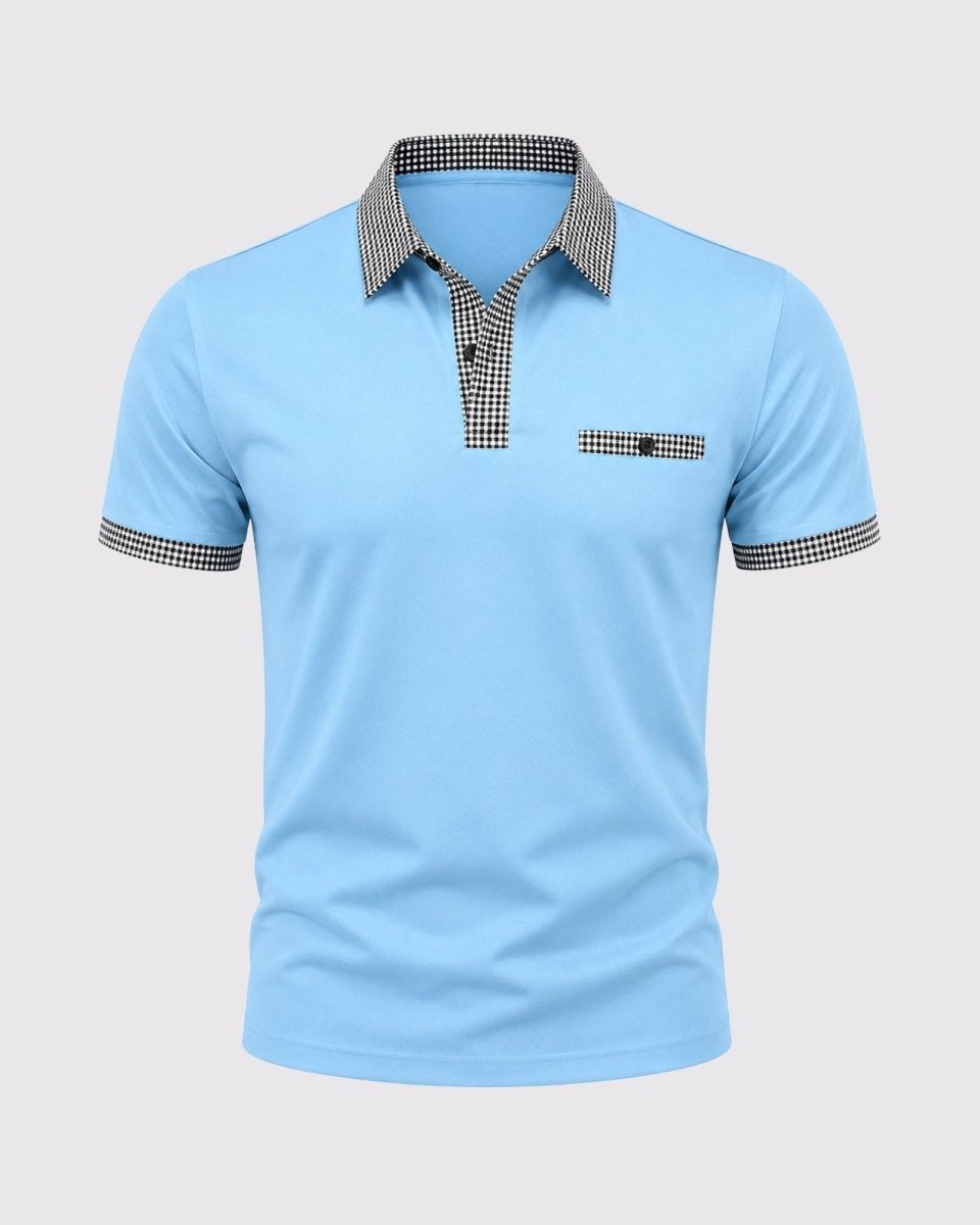 Light blue polo shirt with checkered collar and sleeve trim on a light gray background