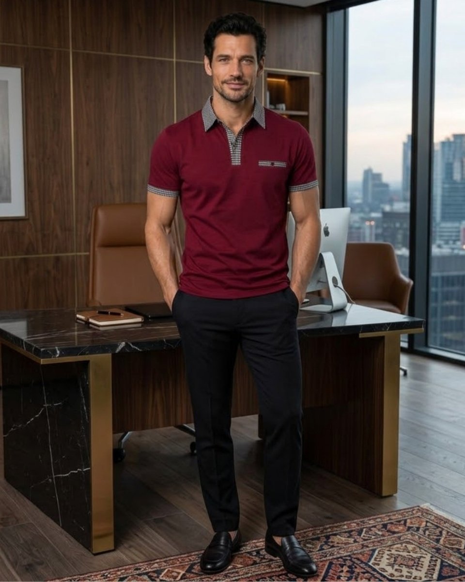 A man standing in a modern office wearing a burgundy polo shirt with gray trim and black trousers.