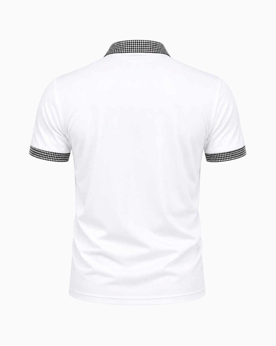 White polo shirt with checkered collar and sleeve ends on a white background