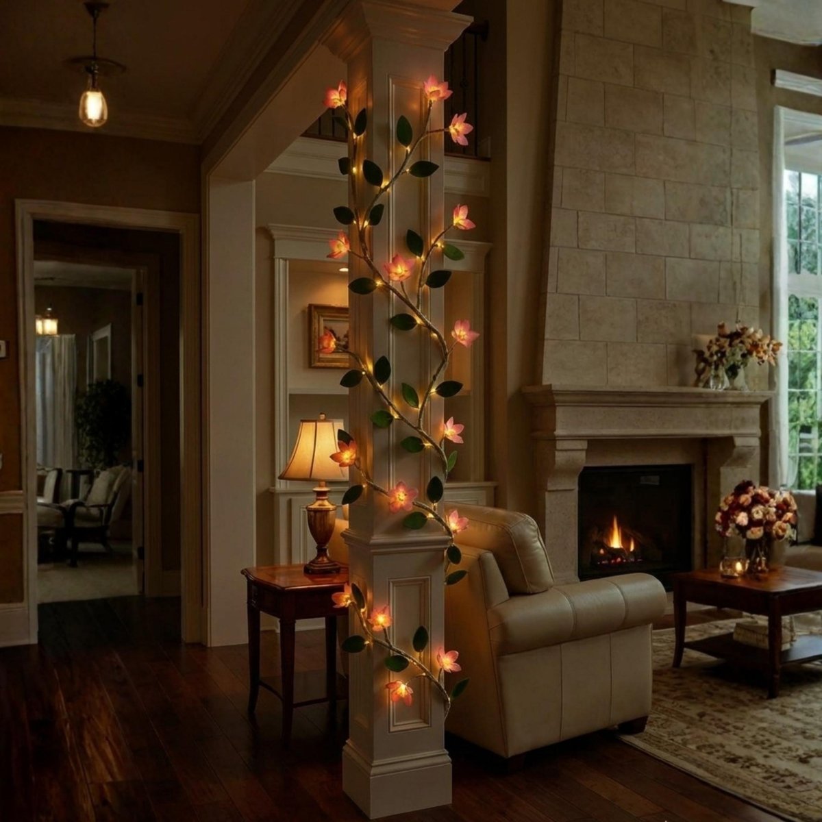 Cozy living room with decorative lights on a fireplace mantle