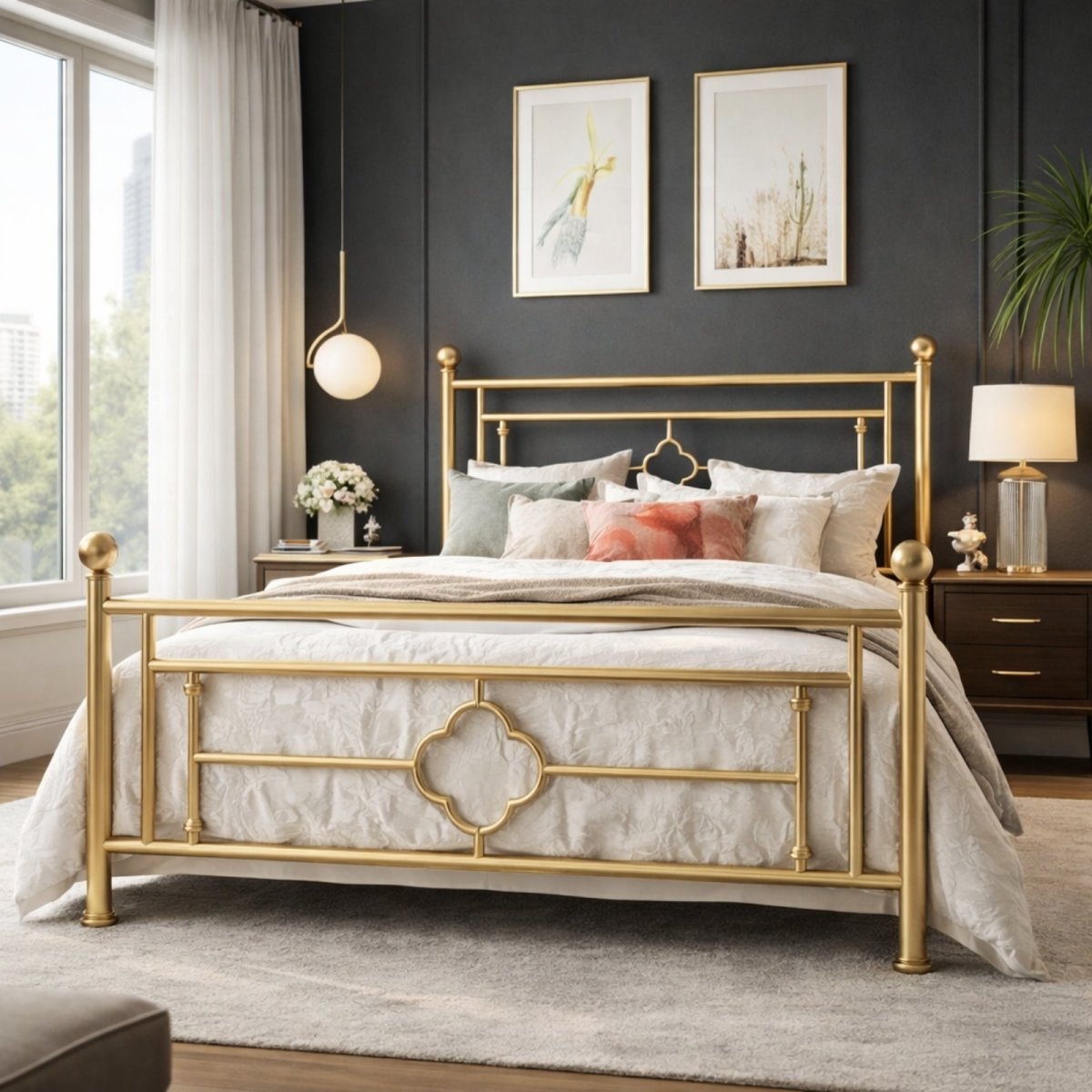 Queen size gold vintage metal bed frame by Fenlo Form in a modern bedroom with a dark charcoal wall, modern art, and a large window.