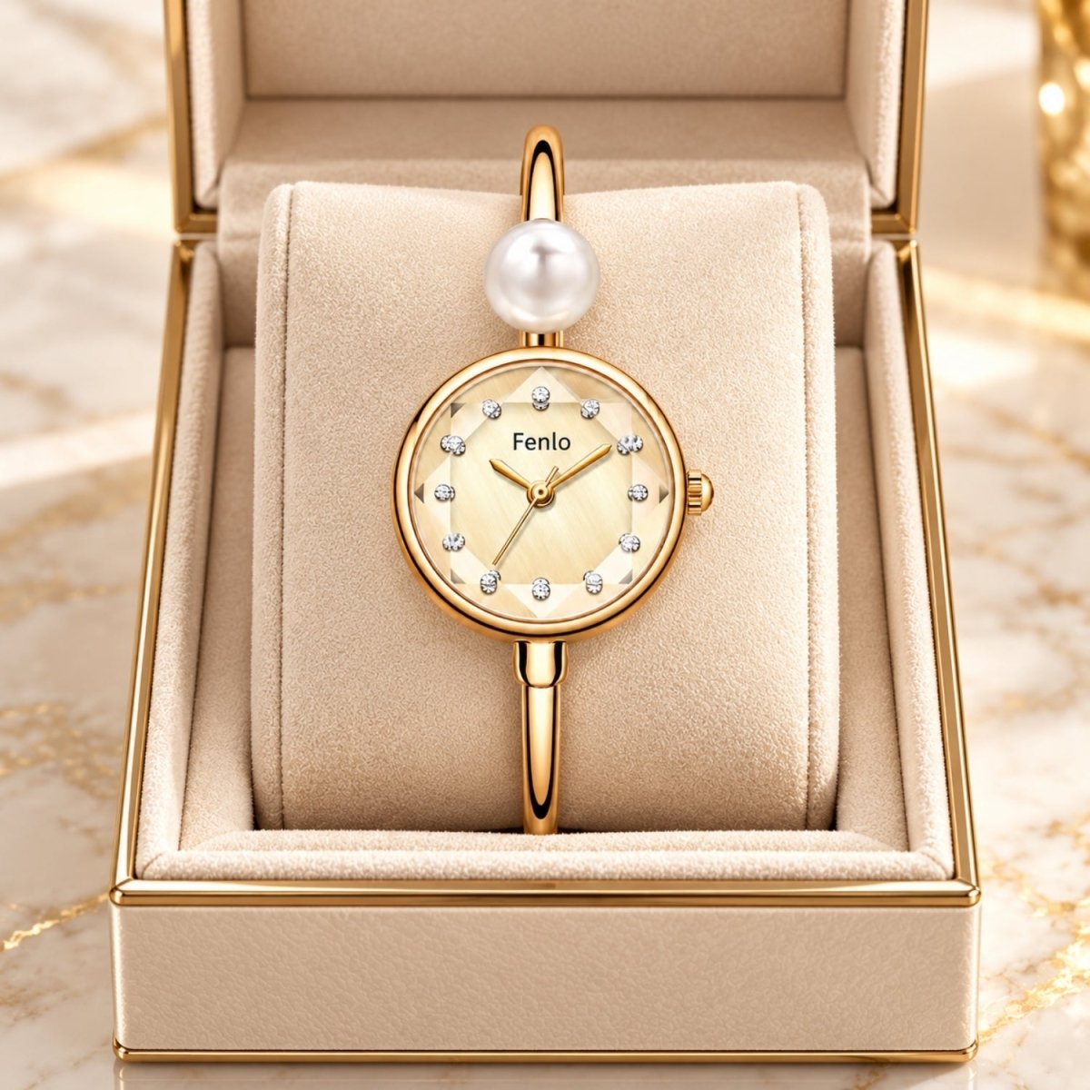A gold-tone Fenlo watch with a round crystal-detailed dial and a single white pearl at the top of the strap, displayed inside an open beige jewelry box on a marble-like surface.