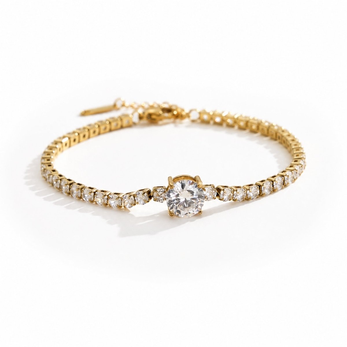 Gold Plated S925 Sterling Silver Tennis Bracelet with 8mm Solitaire Center Stone on white background